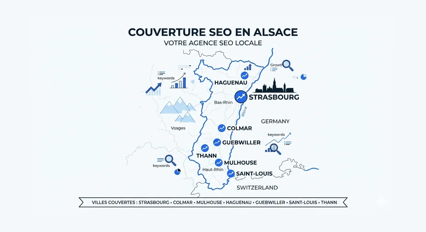 Carte illustrée de l'Alsace indiquant les villes de Mulhouse, Colmar, Strasbourg, Thann, Guebwiller, Saint-Louis et Haguenau couvertes par MulMulSeo